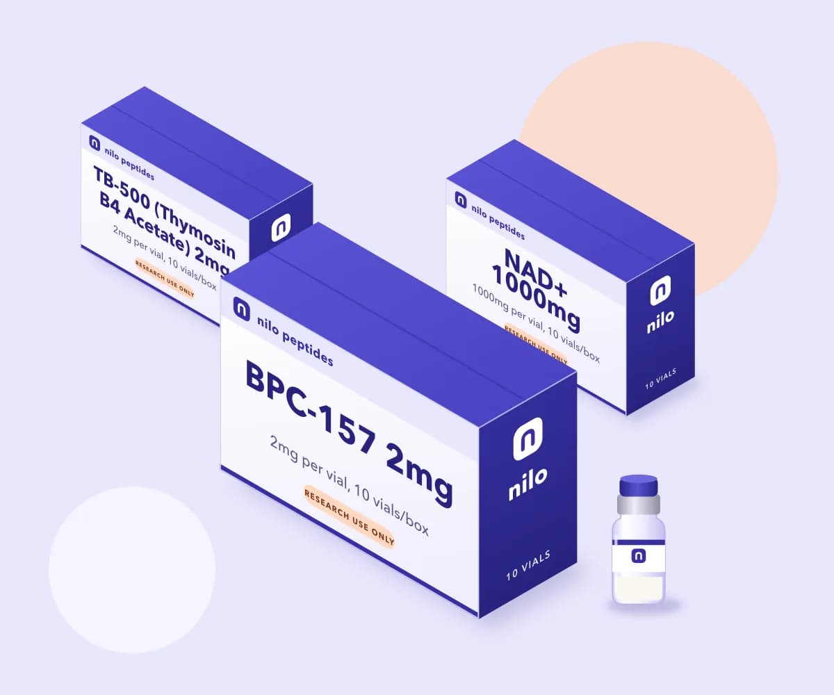 Three Nilo research boxes and a vial, drawn in indigo and white